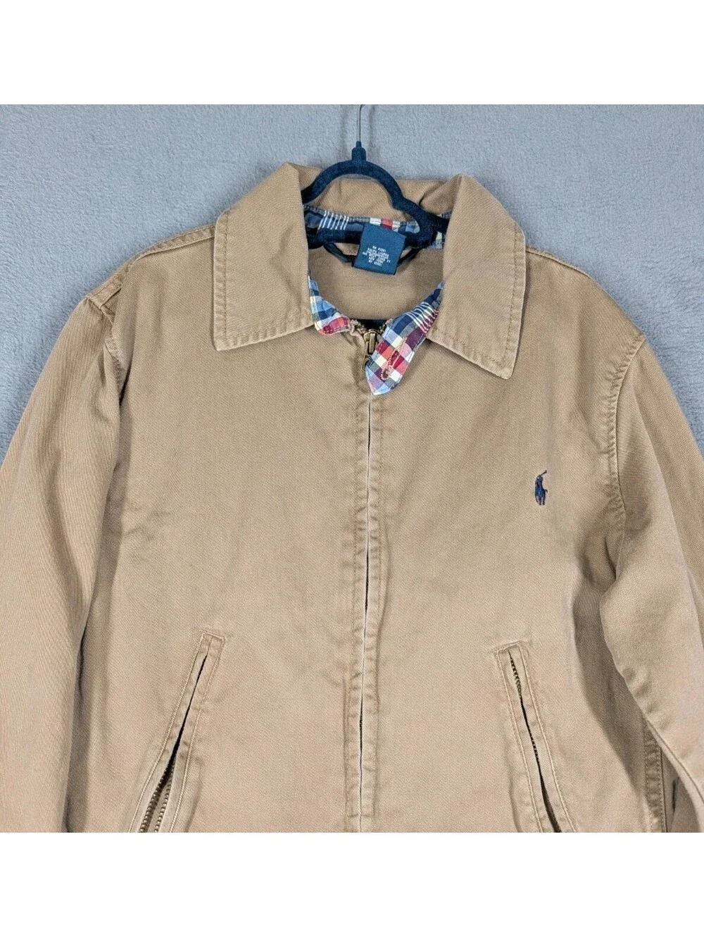 Polo Ralph Lauren Boys Youth S 10 Khaki Canvas Plaid Lined Jacket Coat Full Zip